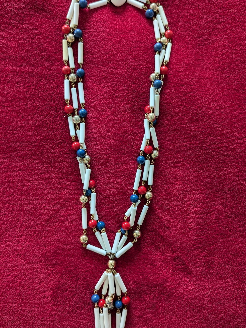 Vintage Triple Strand Navy, Red & White Beaded Statement Necklace